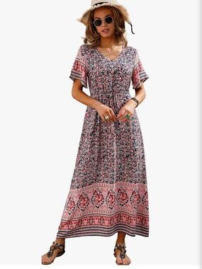 Bohemian XXL Floral Tie-Waist Maxi Dress - Pink/Blue